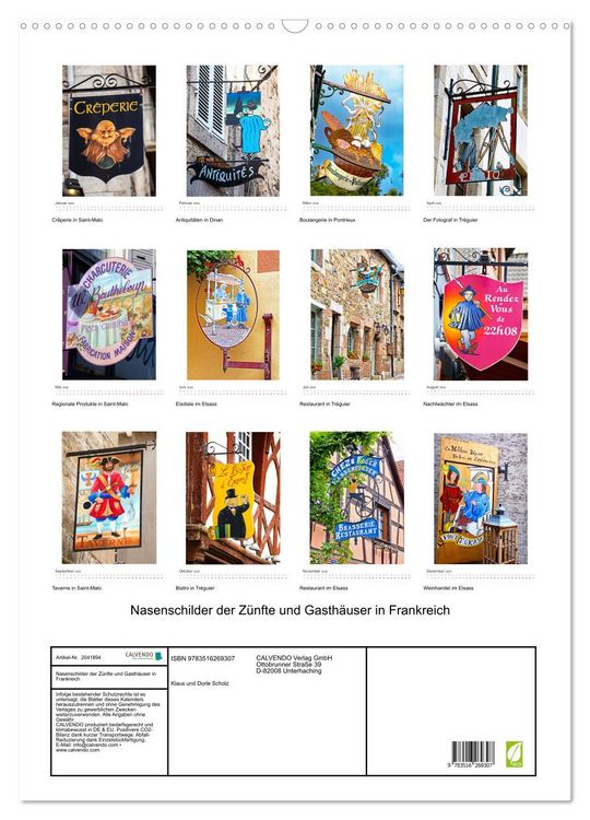 Produktbild: Nasenschilder der Z&uuml;nfte und Gasth&auml;user in Frankreich (Wandkalender 2026 DIN A2 hoch), CALVENDO Monatskalender