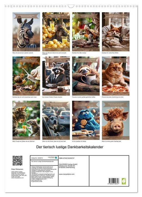 Produktbild: Der tierisch lustige Dankbarkeitskalender (Wandkalender 2026 DIN A2 hoch), CALVENDO Monatskalender