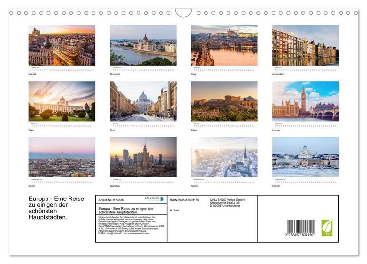 Produktbild: Europa - Eine Reise zu einigen der sch&ouml;nsten Hauptst&auml;dten. (Wandkalender 2026 DIN A3 quer), CALVENDO Monatskalender
