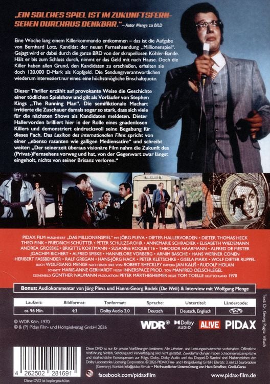 Produktbild: Das Millionenspiel - Remastered Edition / Vision&auml;rer Kult-Thriller mit Dieter Hallervorden und Dieter Thomas Heck (Pidax Film-Klassiker)