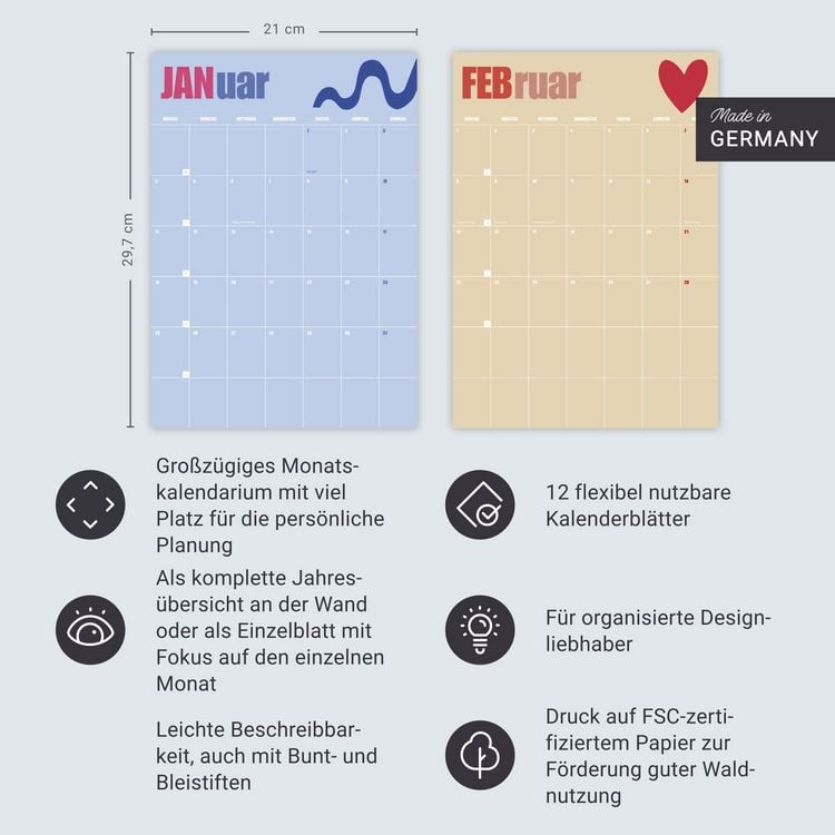 Produktbild: Monats-Wandplaner bunt 2027 - 12 einzelne Bl&auml;tter zur individuellen Nutzung