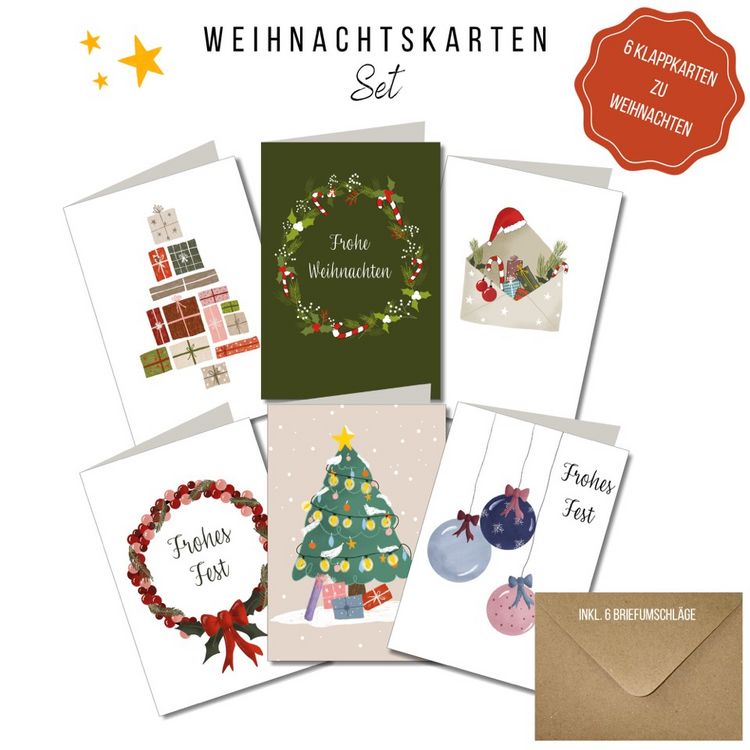 Produktbild: KEITCARDS Weihnachtskarten - handgezeichnete Klappkarten mit Briefumschlag, 6er Set