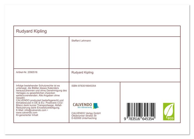 Produktbild: Rudyard Kipling (Tischkalender 2026 DIN A5 quer), CALVENDO Monatskalender