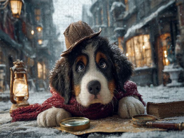 Produktbild: CALVENDO Puzzle Berner Sennenhund als Detektiv im verschneiten Altstadtviertel | 1000 Teile Lege-Gr&ouml;&szlig;e 64x48cm Foto-Puzzle f&uuml;r gl&uuml;ckliche Stunden