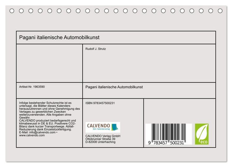 Produktbild: Pagani italienische Automobilkunst (Tischkalender 2026 DIN A5 quer), CALVENDO Monatskalender