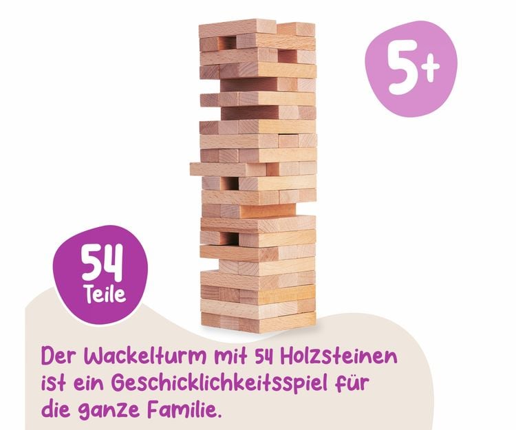Produktbild: Eichhorn 100002466 - Stapelspiel, Wackelturm, Geschicklichkeitsspiel f&uuml;r die ganze Familie, Balance Tower gefertigt aus unbehandelten Holz, 54-teilig