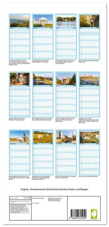 Produktbild: Familienplaner 2026 - Virginia. Amerikanische Sch&ouml;nheit zwischen K&uuml;ste und Bergen mit 5 Spalten (Wandkalender, 21 x 45 cm) CALVENDO