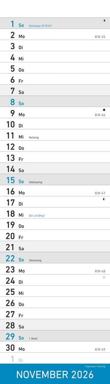Produktbild: Streifenplaner Mini BLAU 2026 - Streifenkalender - Wandplaner - Küchen-Kalender - 9,5x33