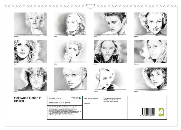 Produktbild: Hollywood Ikonen in Bleistift (Wandkalender 2026 DIN A3 quer), CALVENDO Monatskalender