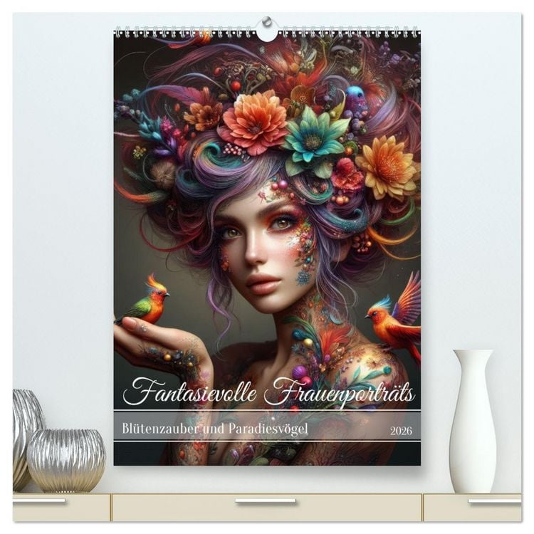 Produktbild: Fantasievolle Frauenportr&auml;ts - Bl&uuml;tenzauber und Paradiesv&ouml;gel (hochwertiger Premium Wandkalender 2026 DIN A2 hoch), Kunstdruck in Hochglanz
