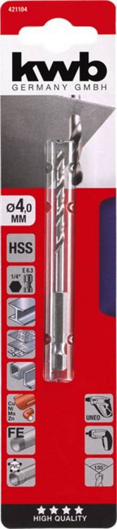 Produktbild: Kwb 421104 HSS Metall-Spiralbohrer 4mm Gesamtl&auml;nge 93mm DIN 1412 C 1/4\" (6.3 mm) 1St.