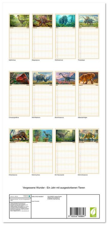 Produktbild: Familienplaner 2026 - Vergessene Wunder - Ein Jahr mit ausgestorbenen Tieren mit 5 Spalten (Wandkalender, 21 x 45 cm) CALVENDO