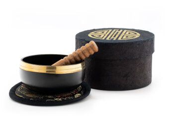 Produktbild: Kleine schwarze Klangschalen in schwarzer, runder Box mit Longevity-Aufdruck