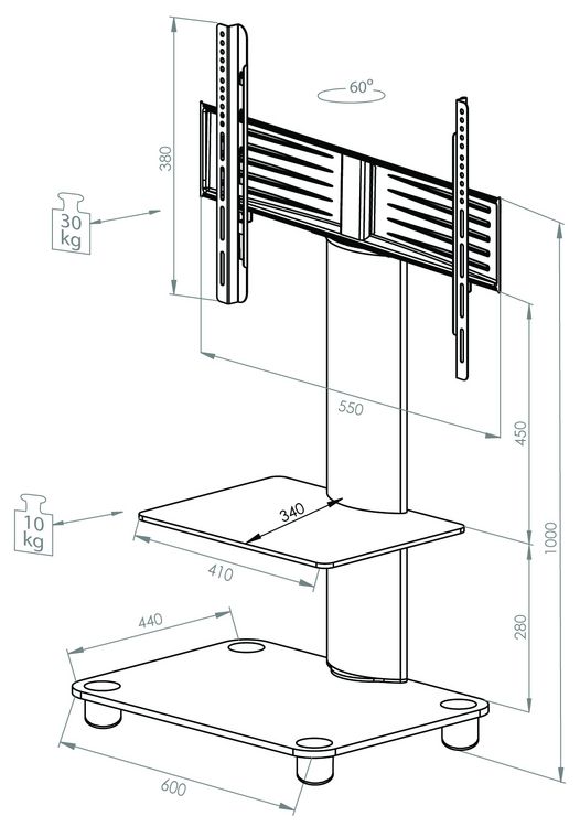 Produktbild: TV Standfu&szlig; St&auml;nder Rack Alu Glas Rollen Blino ZW