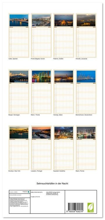 Produktbild: Familienplaner 2026 - Sehnsuchtsh&auml;fen in der Nacht mit 5 Spalten (Wandkalender, 21 x 45 cm) CALVENDO
