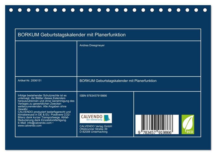 Produktbild: BORKUM Geburtstagskalender mit Planerfunktion (Tischkalender 2026 DIN A5 quer), CALVENDO Monatskalender