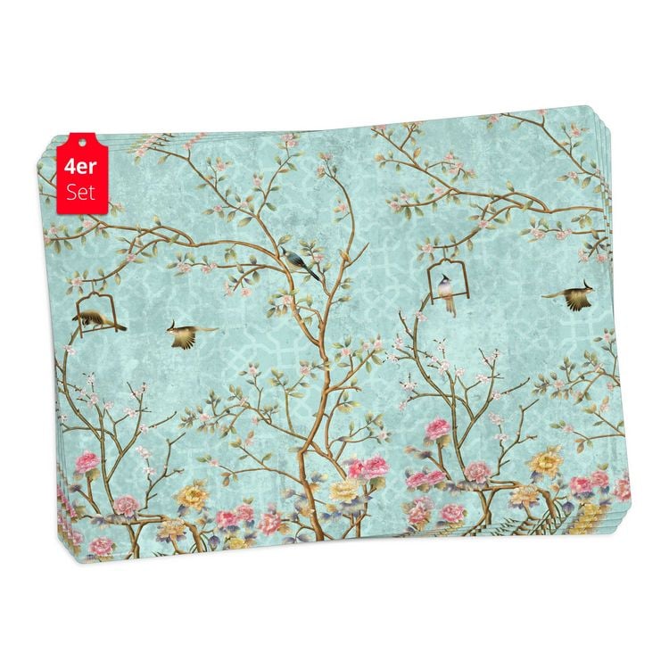Produktbild: Tischsetmacher Tischsets Florales Vintage Motiv mit V&ouml;geln, aus hochwertigem Vinyl (4 St&uuml;ck), 44 x 32 cm