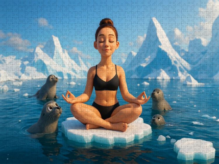 Produktbild: CALVENDO Puzzle Meditation ins K&auml;lteland - Frau meditiert auf Eisscholle | 1000 Teile Lege-Gr&ouml;&szlig;e 64x48cm Foto-Puzzle f&uuml;r gl&uuml;ckliche Stunden
