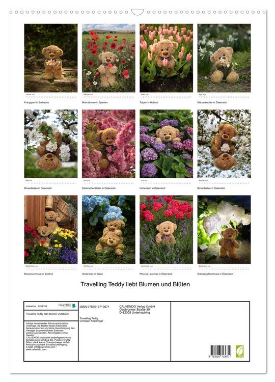Produktbild: Travelling Teddy liebt Blumen und Bl&uuml;ten (Wandkalender 2026 DIN A2 hoch), CALVENDO Monatskalender