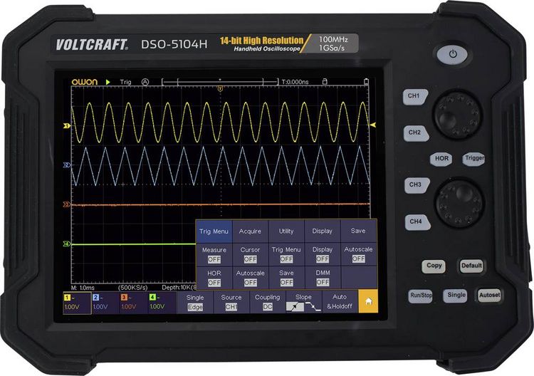 Produktbild: VOLTCRAFT DSO-5104H Hand-Oszilloskop 100 MHz 4-Kanal 1 GSa/s 40 Mpts 14 Bit Digital-Speicher (DSO), Handger&auml;t 1 St.