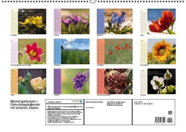 Produktbild: Blumengartenjahr - Geburtstagskalender mit sch&ouml;nen Zitaten (Wandkalender immerw&auml;hrend DIN A2 quer)