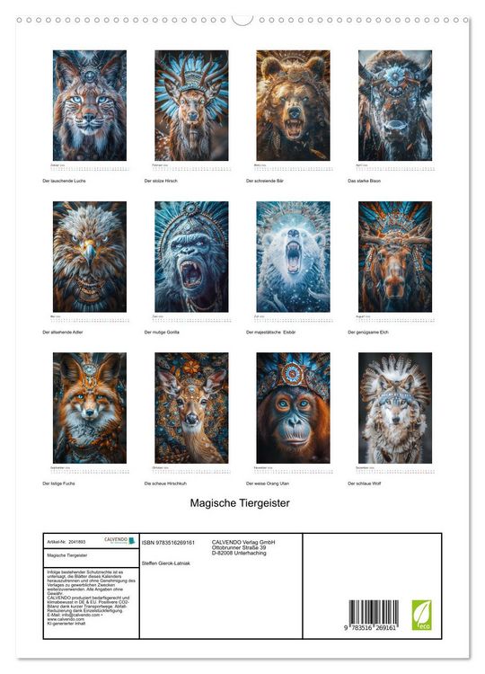 Produktbild: Magische Tiergeister (hochwertiger Premium Wandkalender 2026 DIN A2 hoch), Kunstdruck in Hochglanz