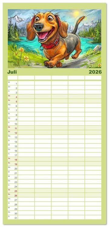 Produktbild: Familienplaner 2026 - Dackel Fun. Zauberhafte Hunde Cartoons f&uuml;rs Herz mit 5 Spalten (Wandkalender, 21 x 45 cm) CALVENDO