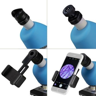 Produktbild: Bresser Junior 12869 - Kinder-Mikroskop (blau) mit 40-640x Vergr&ouml;&szlig;erung mit LED, Zoom-Okular, Smartphonehalter und Urzeitkrebse-Set
