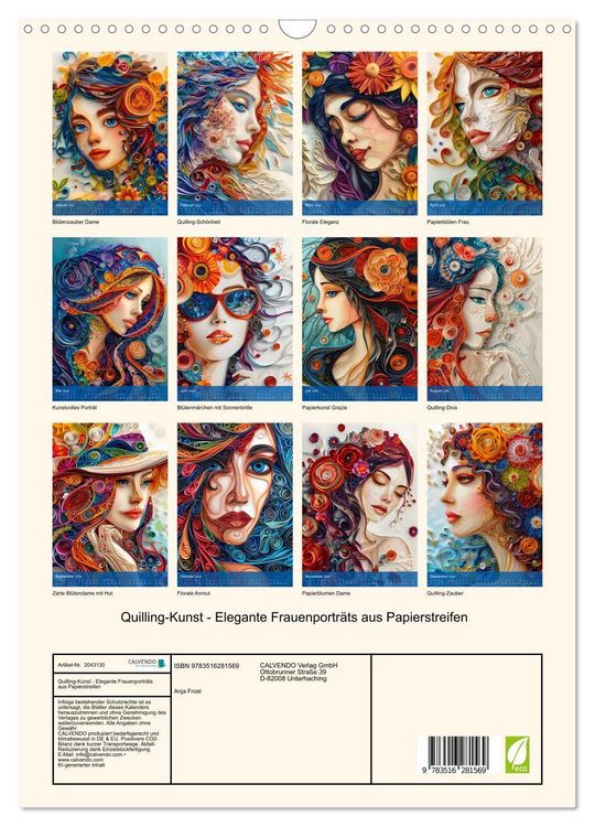 Produktbild: Quilling-Kunst - Elegante Frauenportr&auml;ts aus Papierstreifen (Wandkalender 2026 DIN A3 hoch), CALVENDO Monatskalender