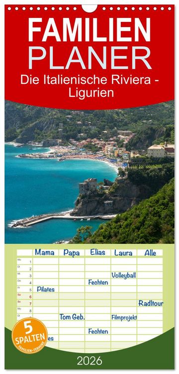 Produktbild: Familienplaner 2026 - Die Italienische Riviera - Ligurien mit 5 Spalten (Wandkalender, 21 x 45 cm) CALVENDO
