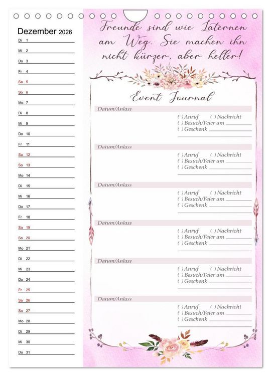 Produktbild: Geburtstagsplaner Boho Rosa - F&uuml;r Termine, Geschenke, Eventdetails & mehr (Wandkalender 2026 DIN A4 hoch), CALVENDO Monatskalender