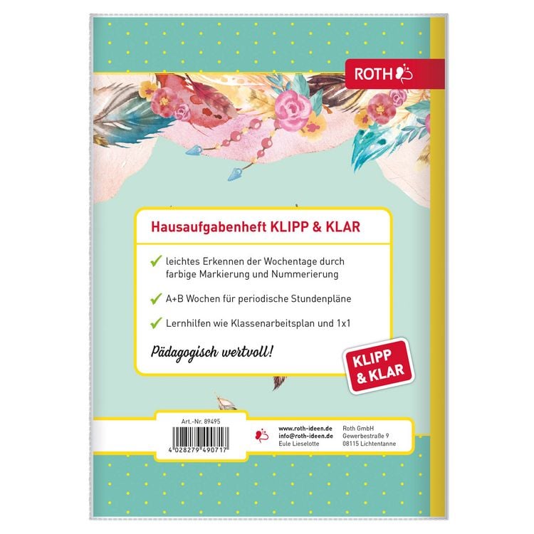 Produktbild: Klipp&Klar Grundschulaufgabenheft mit Tagesfarben A5 1 Wochen 2 Seiten Eule Lieselotte