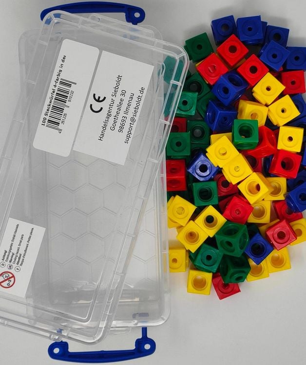 Produktbild: 100 Steckw&uuml;rfel 4- farbig 1,7cm in der Box