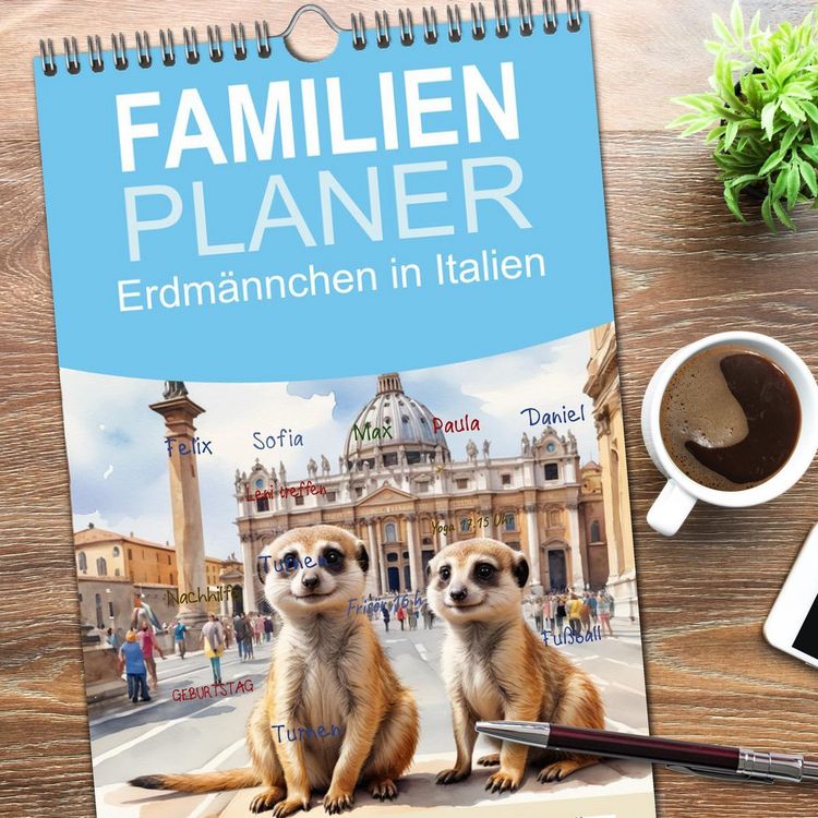 Produktbild: Familienplaner 2026 - Erdm&auml;nnchen in Italien mit 5 Spalten (Wandkalender, 21 x 45 cm) CALVENDO