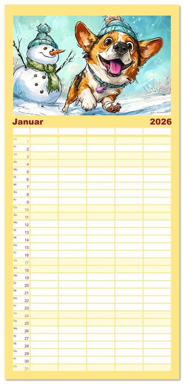 Produktbild: Familienplaner 2026 - Lustige Corgis. Niedliche Cartoons von gl&uuml;cklichen Hunden mit 5 Spalten (Wandkalender, 21 x 45 cm) CALVENDO