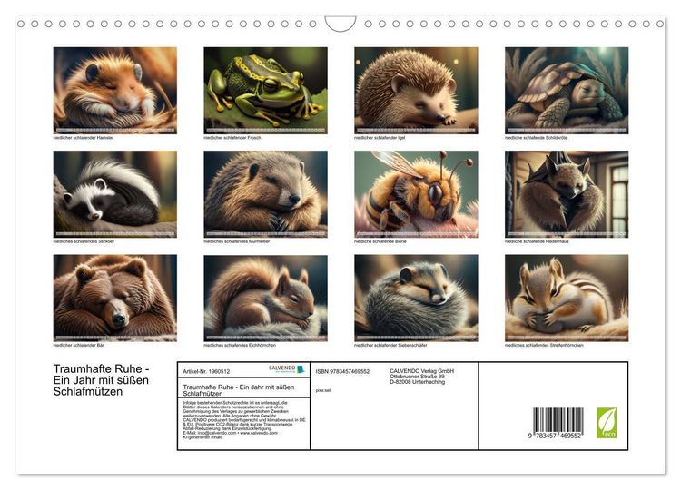Produktbild: Traumhafte Ruhe - Ein Jahr mit s&uuml;&szlig;en Schlafm&uuml;tzen (Wandkalender 2026 DIN A3 quer), CALVENDO Monatskalender