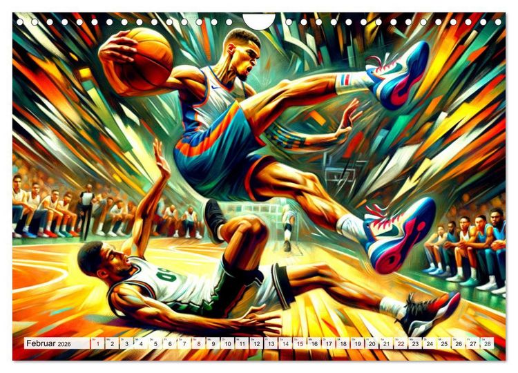Produktbild: Basketball Expressionismus - Kunstvolle KI Interpretationen des Courts (Wandkalender 2026 DIN A4 quer), CALVENDO Monatskalender