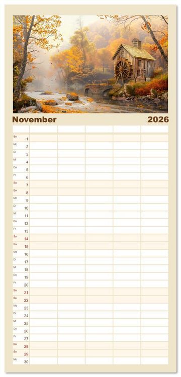 Produktbild: Familienplaner 2026 - Kleine Cottages - Romantische Fantasieh&auml;uschen mit 5 Spalten (Wandkalender, 21 x 45 cm) CALVENDO