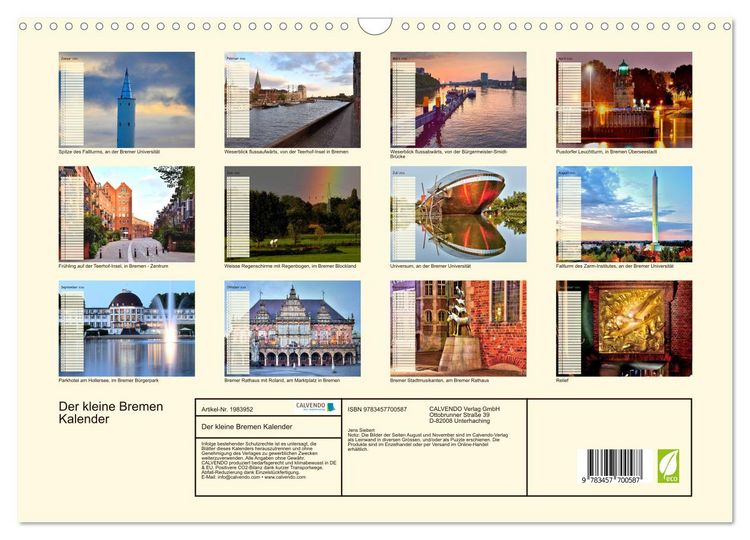 Produktbild: Der kleine Bremen Kalender (Wandkalender 2026 DIN A3 quer), CALVENDO Monatskalender