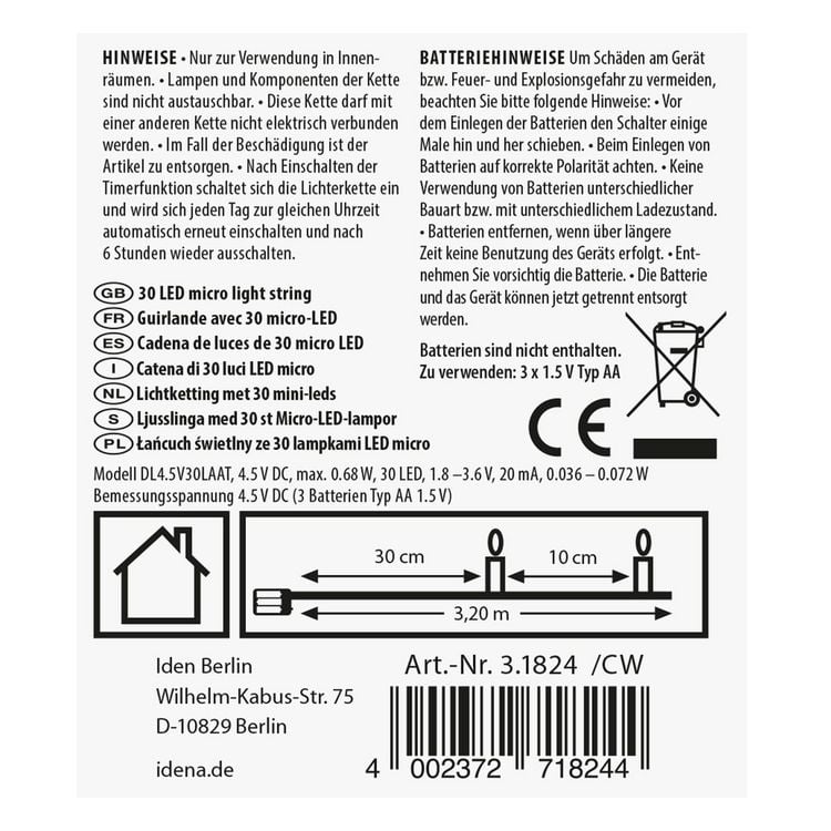 Produktbild: Idena Lichterkette 30 LED warmwei&szlig; 6h Timer 3,2m