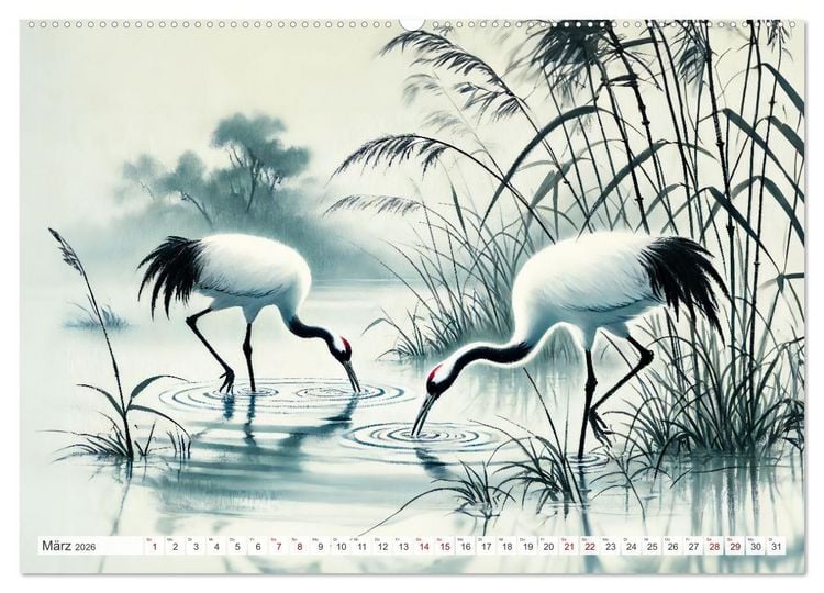 Produktbild: Eleganz der Kraniche - Majest&auml;tische V&ouml;gel in poetischer Tusche (Wandkalender 2026 DIN A2 quer), CALVENDO Monatskalender