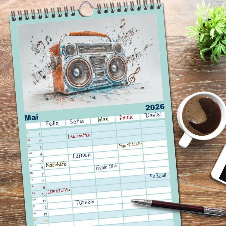 Produktbild: Familienplaner 2026 - Herzschlag in Noten mit 5 Spalten (Wandkalender, 21 x 45 cm) CALVENDO