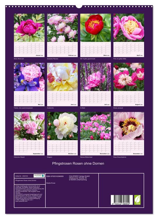 Produktbild: Pfingstrosen Rosen ohne Dornen (hochwertiger Premium Wandkalender 2026 DIN A2 hoch), Kunstdruck in Hochglanz