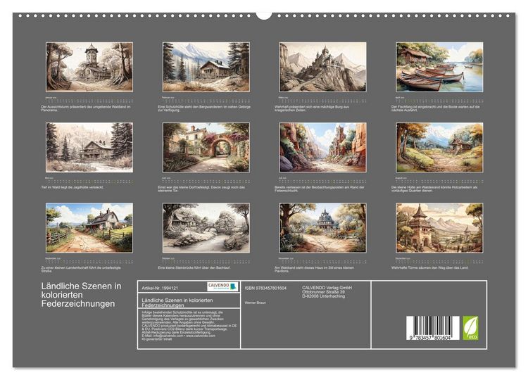 Produktbild: L&auml;ndliche Szenen in kolorierten Federzeichnungen (hochwertiger Premium Wandkalender 2026 DIN A2 quer), Kunstdruck in Hochglanz
