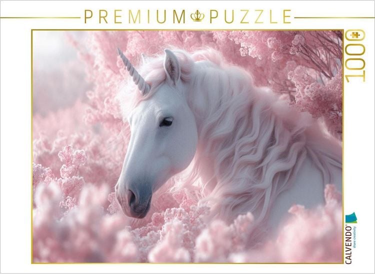 Produktbild: CALVENDO Puzzle Rosa Tr&auml;umerei: Ein Einhorn im Bl&uuml;tenrausch | 1000 Teile Lege-Gr&ouml;&szlig;e 64x48cm Foto-Puzzle f&uuml;r gl&uuml;ckliche Stunden