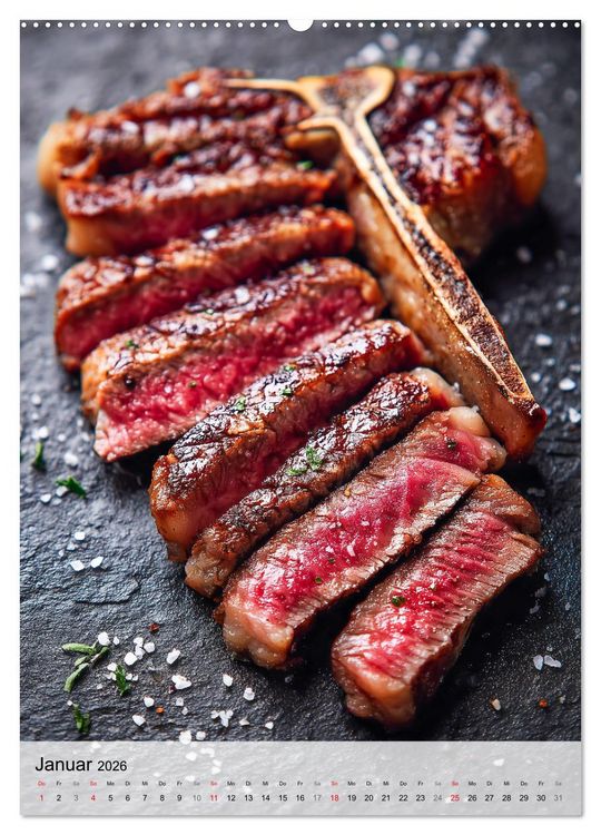 Produktbild: Saftiges Fleisch - Steaks f&uuml;r Genie&szlig;er und Fleischliebhaber (hochwertiger Premium Wandkalender 2026 DIN A2 hoch), Kunstdruck in Hochglanz