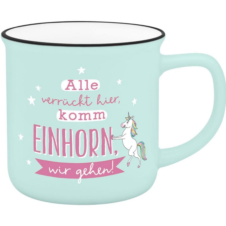 Produktbild: Becher in Emailloptik " Alle verr&uuml;ckt hier, komm Einhorn wir gehen.