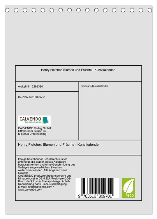 Produktbild: Henry Fletcher. Blumen und Fr&uuml;chte - Kunstkalender (Tischkalender 2027 DIN A5 hoch), CALVENDO Monatskalender