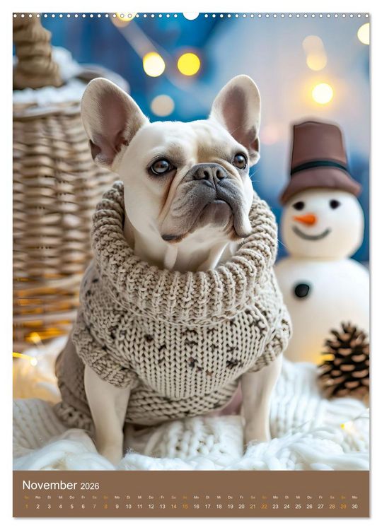 Produktbild: Frenchie Couture - Franz&ouml;sische Bulldoggen in Strick-Chic (hochwertiger Premium Wandkalender 2026 DIN A2 hoch), Kunstdruck in Hochglanz
