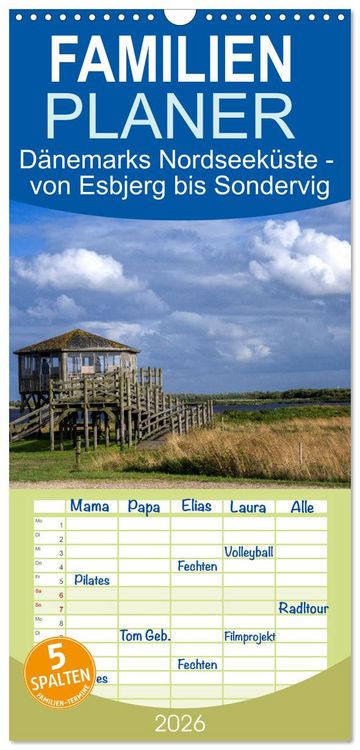 Produktbild: Familienplaner 2026 - D&auml;nemarks Nordseek&uuml;ste - von Esbjerg bis Sondervig mit 5 Spalten (Wandkalender, 21 x 45 cm) CALVENDO
